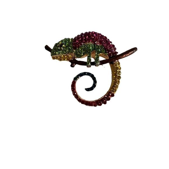 Happy Little Colorful Chameleon Pin/Brooch Sitting on a Branch. Multi. Size 2x2" - Picture 1 of 5